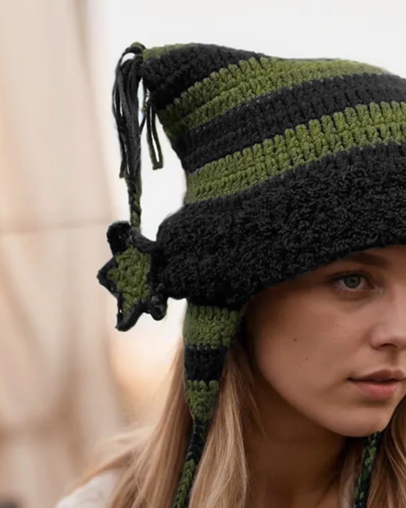 CZDCB Y2k Beanie Knitted Hat Cute Cat Beanie Warm Loose Crochet Hat Women Black Green with Pendant
