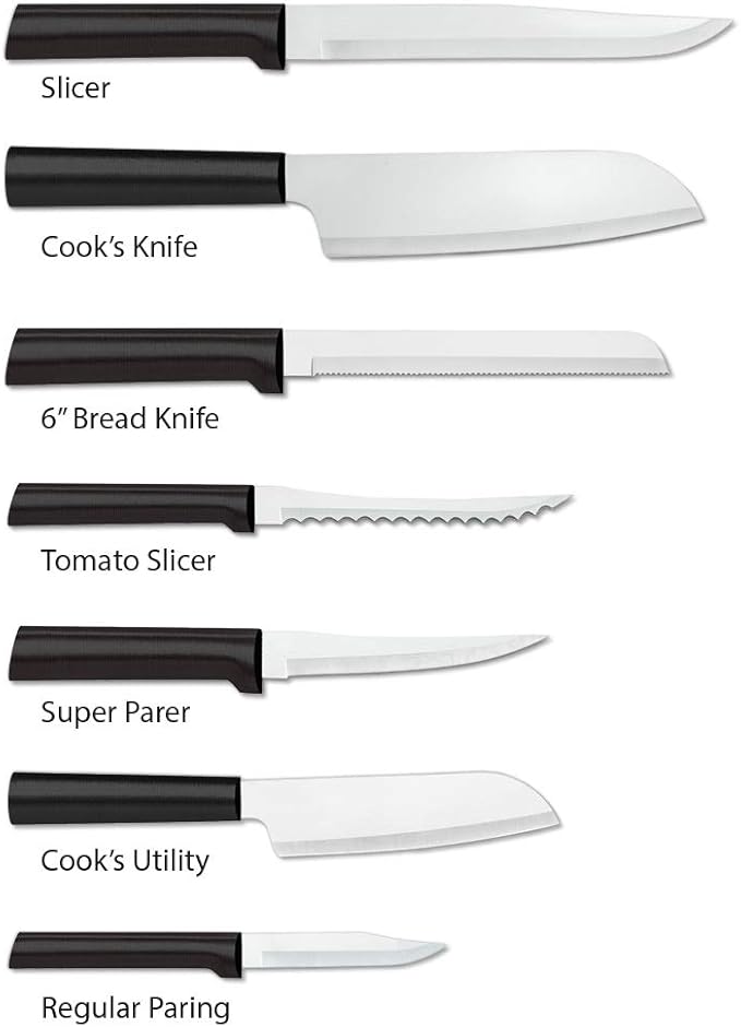 Rada Cutlery Essential Oak Block Set (G258), Stainless Steel Hollow Ground Blades, Made in USA, Black Handles