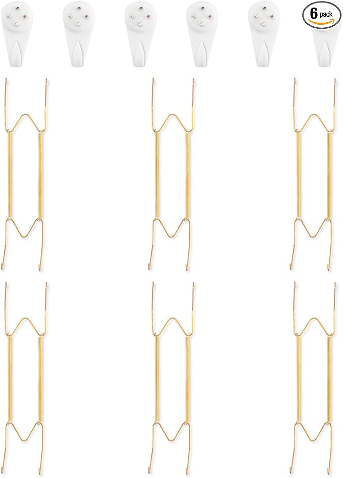 6 Pack Plate Hangers for The Wall, Suitable for 12-16 inch Art Plate, Stainless Steel Invisible Heavy Duty Wire Plate Holder with Wall Hooks, Plate Hangers for Displaying Plates, Platter, Dish, Gold