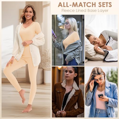 LEYSHE Lace V Neck Thermal Underwear Sets For Women Long Johns Fleece Base Layer Cold Weather Thermal Pajamas Set Top Bottom