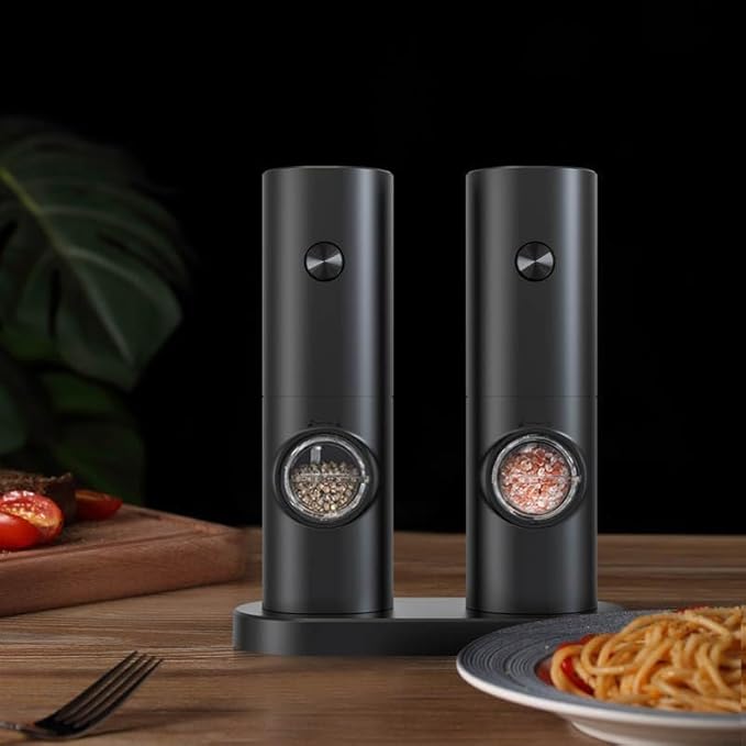 Generic Electric Salt and Pepper Grinder Set - Automatic Salt Pepper Mill Grinder with Adjustable Coarseness- Rechargeable Spice Shakers for Kitchen (Set of 2), Standard Size, Black, KYMQ-14