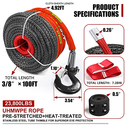 Synthetic Winch Rope 3/8" x 100'-23800 lbs Winch Line with Protective Sleeve,Forged Winch Hook,Safety Pull Strap go for 4W...