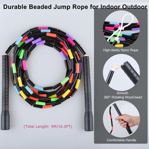 16.5FT Double Dutch Jump Ropes for Adults Kids, Rainbw Long Jump Rope, Beaded Jump Rope for Fitness, Segmented Skipping Ro...