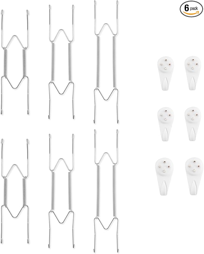 Bilillo 6-Piece Stainless Steel Plate Hangers - Heavy Duty 8/10/12 Inch Invisible Wall Plate Holders with 6 Wall Hooks & 24 Rubber Tip Protectors for 8-14 Inch Decorative Plates (Silver)