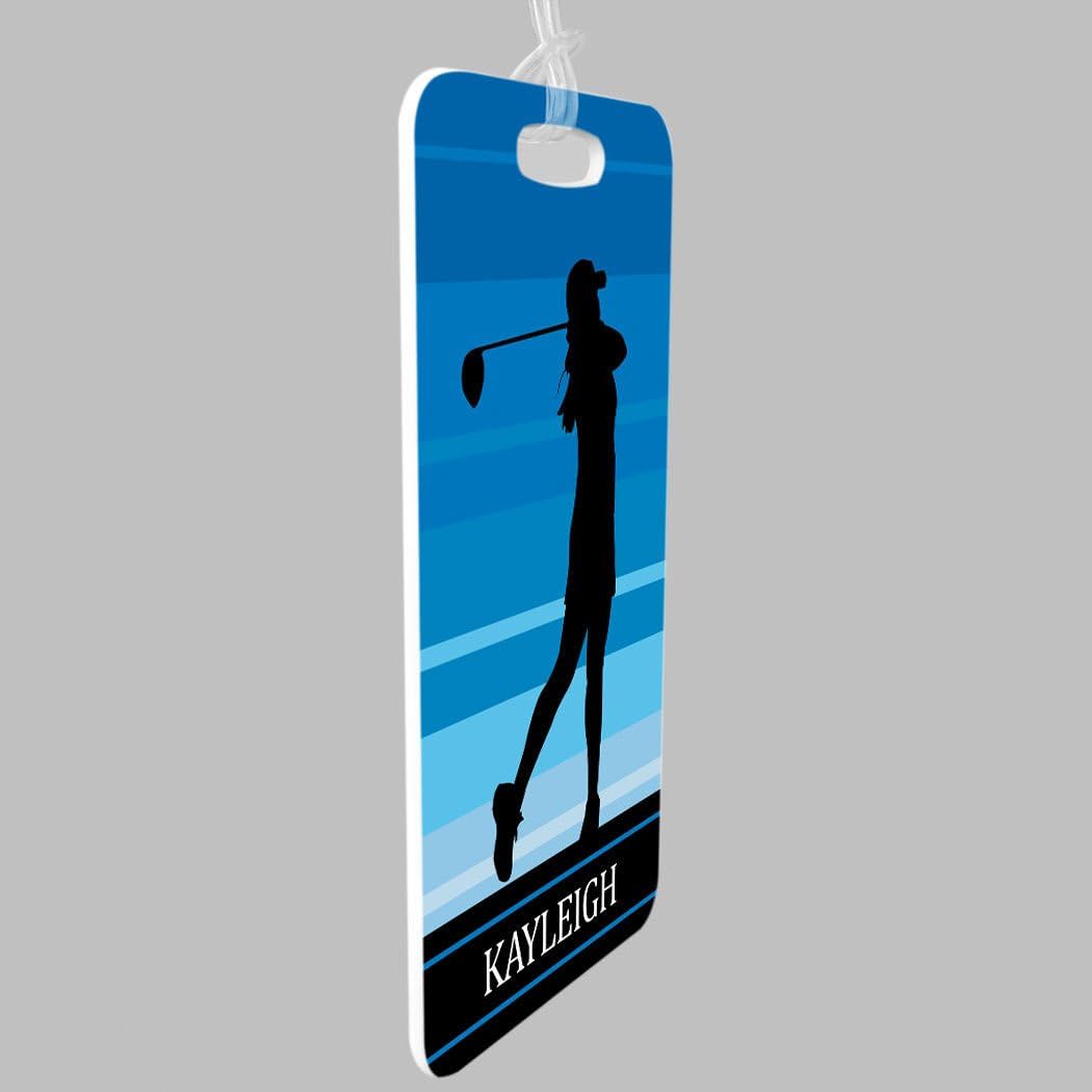 ChalkTalkSPORTS Golf Luggage & Bag Tag | Personalized Female Golfer | Standard Lines on Back | Medium | Blue