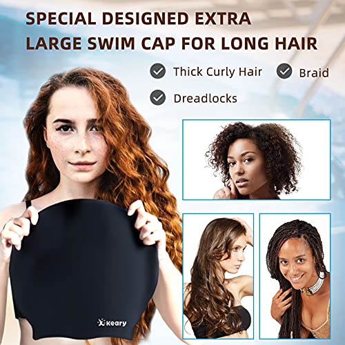 Keary Extra Large Swim Cap for Braids and Dreadlocks Extensions Weaves Long Hair, Waterproof Silicone Cover Ear Bath Pool ...
