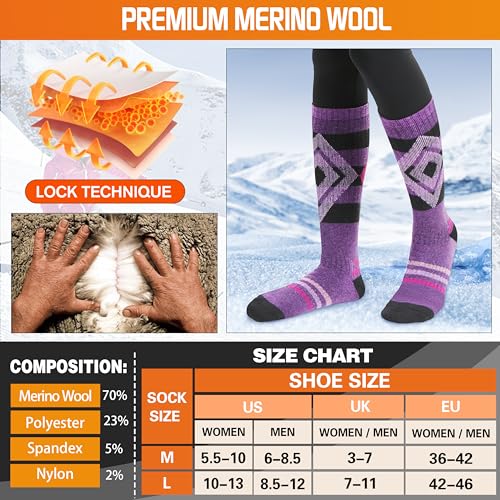 Welwoos 3 Pairs Merino Wool Ski Socks for Womens Mens Thermal Winter Warm Thick Knee High Socks for Skiing Snowboarding