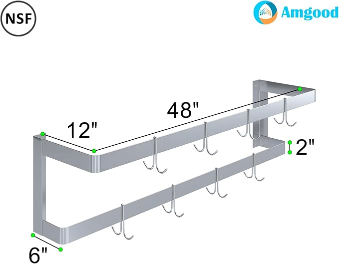 AmGood 48 in. Wall-Mounted Stainless Steel Double-Line Pot Rack. Includes 8 double pring hooks