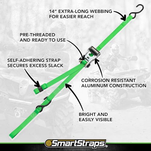 SMARTSTRAPS 10-Foot Ratchet Straps, Green (2pk) – 1,500 lbs Break Strength 500 lbs Safe Work Load Tie-Downs Designed for L...