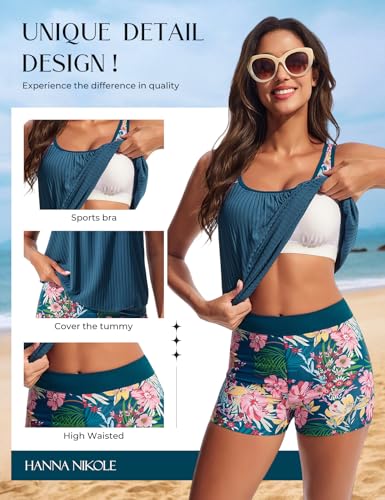 Hanna Nikole Tankini Swimsuits for Women, Textured Modest Swimsuit, Blouson Tankini with Sports Bra and Boyshorts