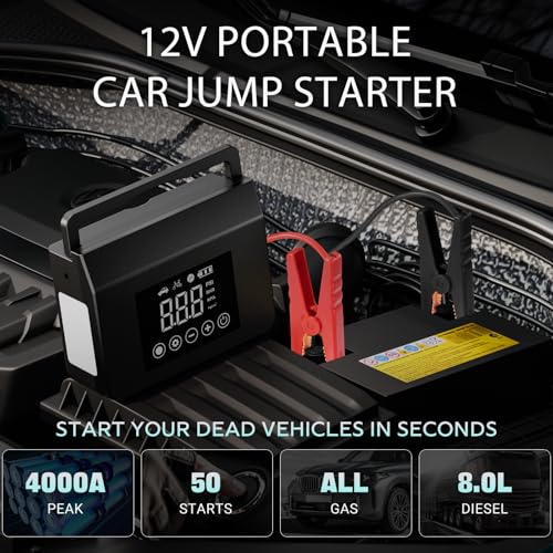Hieha Car Battery Jump Starter with Air Compressor 4000A (9.0 L Gas/8.0L Diesel), Battery Charger 12V Jump Box with 150PSI...