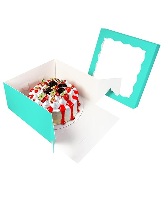 qiqee 12x12x6 Cake Box, 18 Sets Mint Blue Cake Box with Window ＆ 18 Sets 12" Mint Blue Cake Round Boards, 12inch Cake Containers