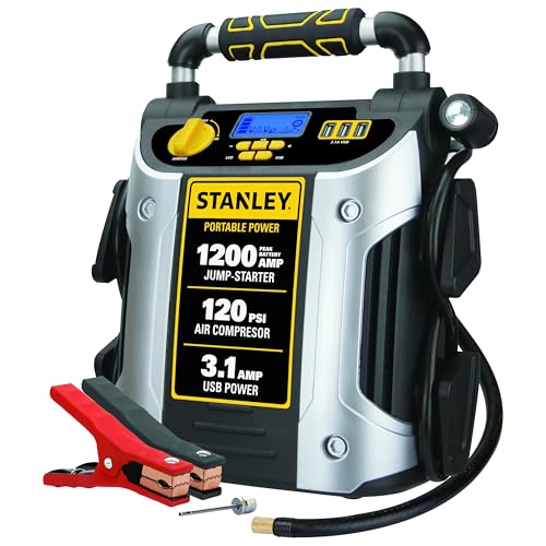 Stanley J5C09D 1200 Peak Amp Automotive Jump Starter, Portable Power – 2.1A/10W USB Port, 120 PSI Air Compressor