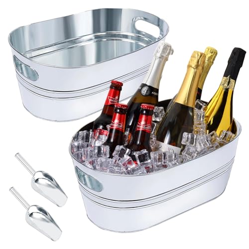 2 Pack Galvanized Ice Bucket 4 Gallon Galvanized Tub Ice Bucket for Parties Metal Beverage Buckets with Handles Wine Beer ...