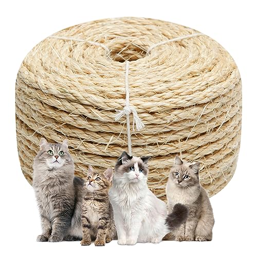 Natural Sisal Rope 1/4 Inch by 49-Feet for Cat Scratching Post Tree Tower Replacement Repair and Replace, DIY Hemp Twine R...