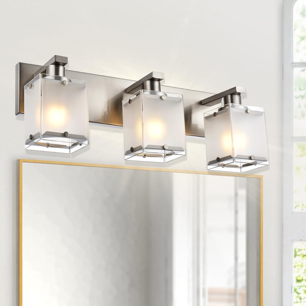 Winshen Modern 3-Lights Brushed Nickel Vanity Lights  Bathroom Light Fixture Over Mirror Wall Lighting Sconces With Frosted Glass Shades  E26 Bulb Base