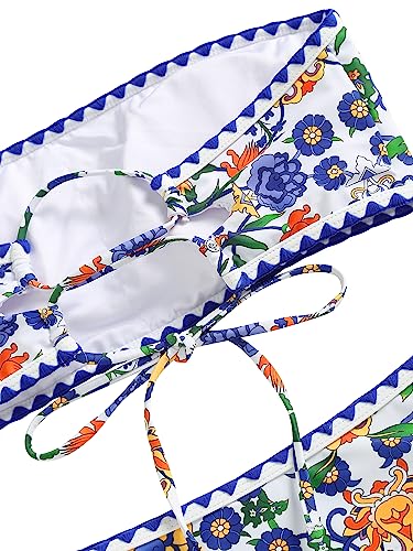 ZAFUL Women Strapless Textured Bandeau Bikini 2 Piece Swimwear Cheeky Solid Lace up Bathing Suits