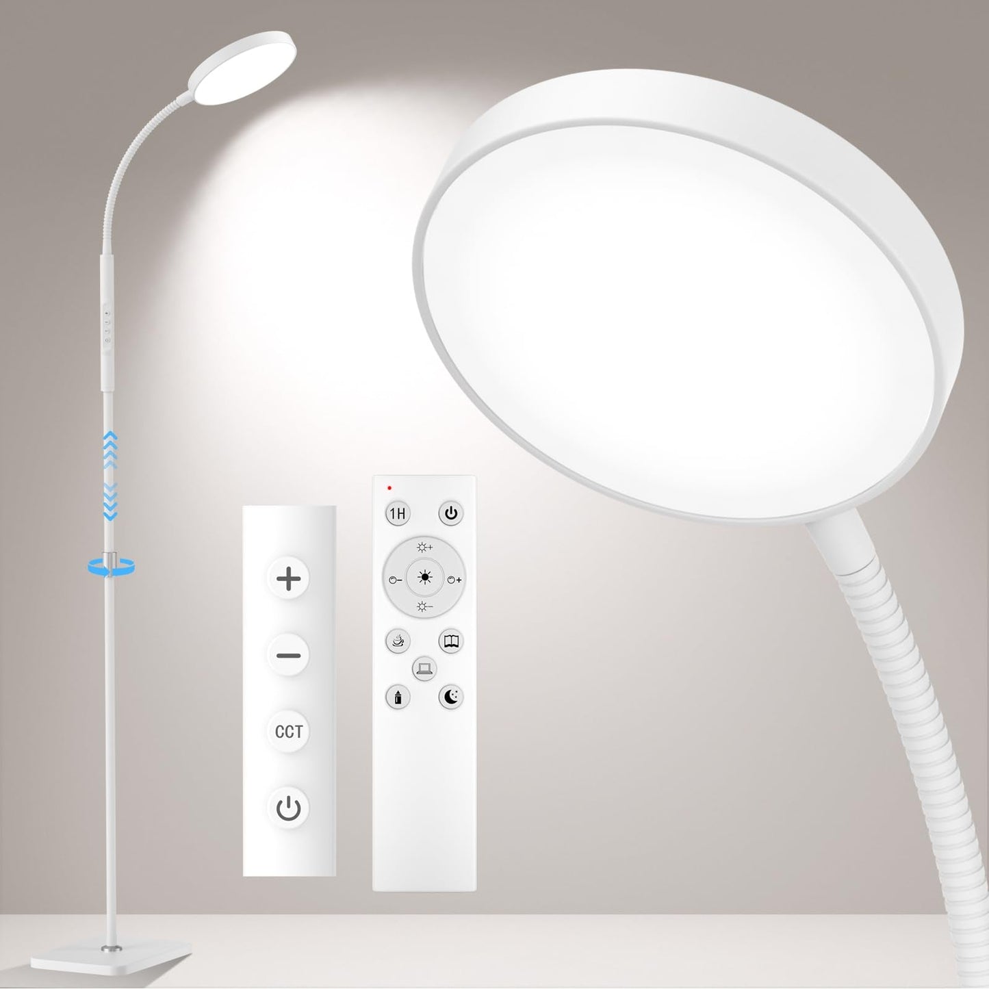 PACOVY Adjustable Height Floor Lamp, LED Dimmable Gooseneck, Copper, 1 Pack, White, Model ADJ-01