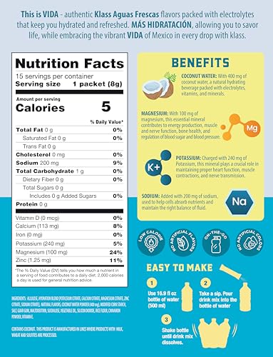 KLASS VIDA Electrolyte Drink Mix – Horchata Agua Fresca Flavor | Sugar-Free Hydration Powder with Coconut Water & Minerals...