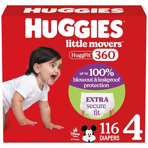Huggies Size 4 Baby Diapers, Little Movers HuggFit 360° Baby Diapers with 360° Waistband, Size 4 (22-37 lbs), 116 Count, P...