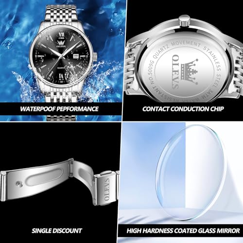 OLEVS Men's Watch,Classic Silver Watches for Men, Waterproof Stainless Steel Roman Numbers Men's Watch Easy to Read