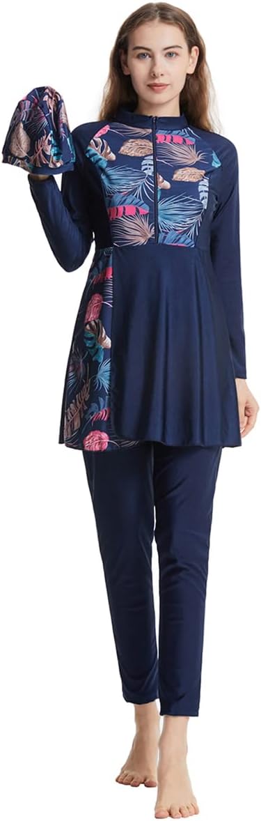 Muslim Swimsuits for Women Long Sleeve Built-in Bra Swimming Tops + Swimming Pants + Hijab Burkini Full Cover Swimwear