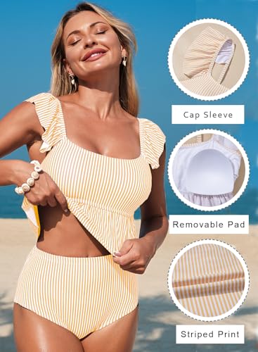 Dokotoo Two Piece Tankini Swimsuits for Women 2026 Square Neck Ruffle Cap Sleeve Bathing Suits Striped Swim Suits