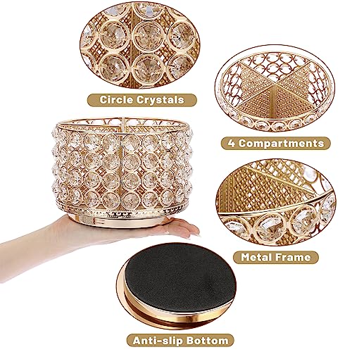 BTSKY Crystal 360 Degree Rotating Desk Organizer Decorative Storage Box with 4 Compartments, Glitter Metal Makeup Brush Ho...