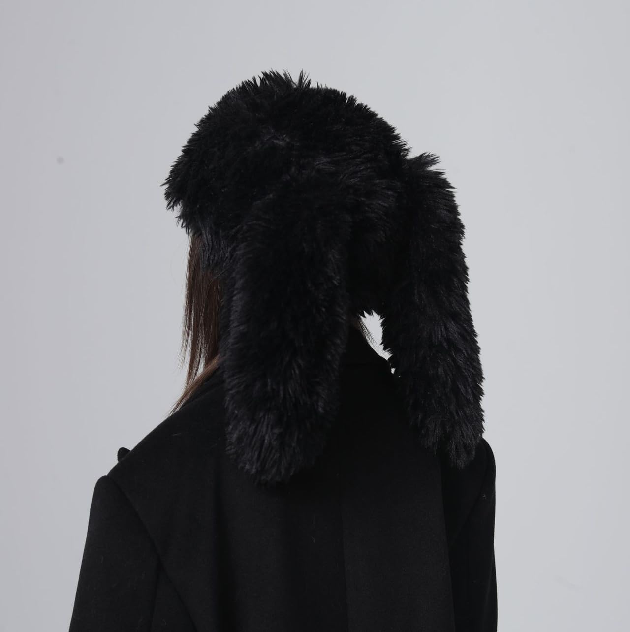 Furry Beanie Bunny Ears Hat Fluffy Warm Hat Plush Slouchy Beanies for Indoor and Outdoor (Black)