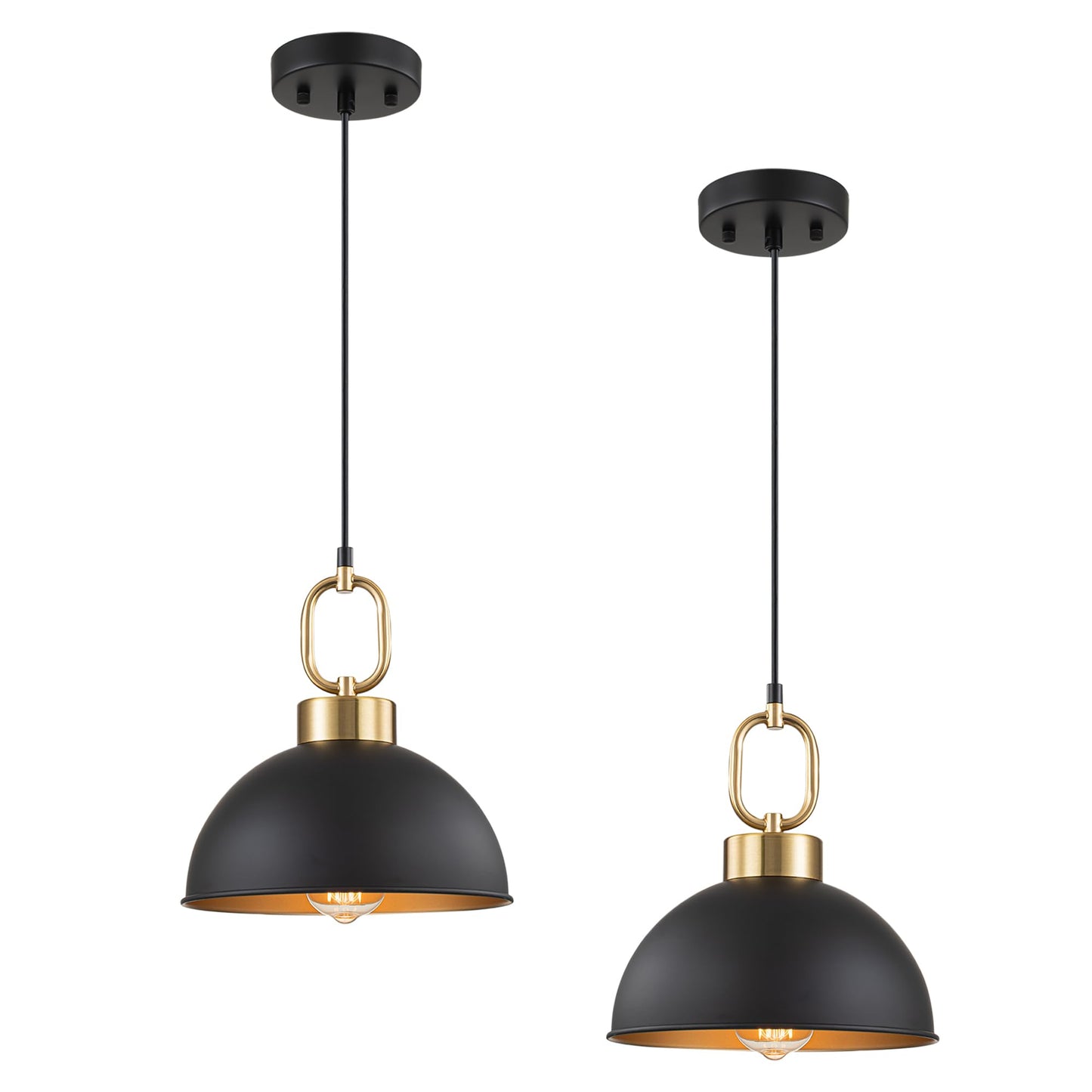 Tinhon Farmhouse Pendant Light Fixture, 10.2In Metal Hanging Light, Black/Gold, Adjustable Height, Vintage Shade, 2 Pack