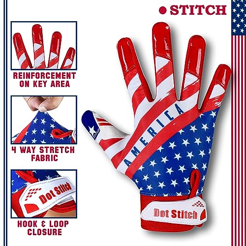 Dot Stitch Football Receiver Glove with American Flag, Silicone Grip for Men, Adult & Youth