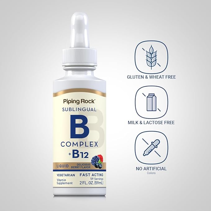 Piping Rock Vitamin B Complex with B12 | Liquid Drops | 1200 mcg 2oz | Sublingual Supplement | Berry Flavor | Vegetarian, Non-GMO, Gluten Free