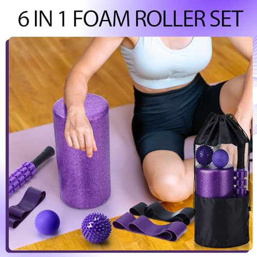 Soulchen 12 Pcs Foam Roller Set - 6 in 1 Deep Muscle Recovery Kit Includes Back Roller, Massage Ball, Muscle Stick, Fascii...