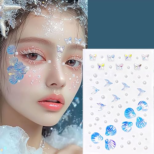 140 pcs Mermaid Face Gems & Seashell Rhinestones -Waterproof Self-Adhesive Face Jewels for Festival, Rave, Cosplay, Body A...