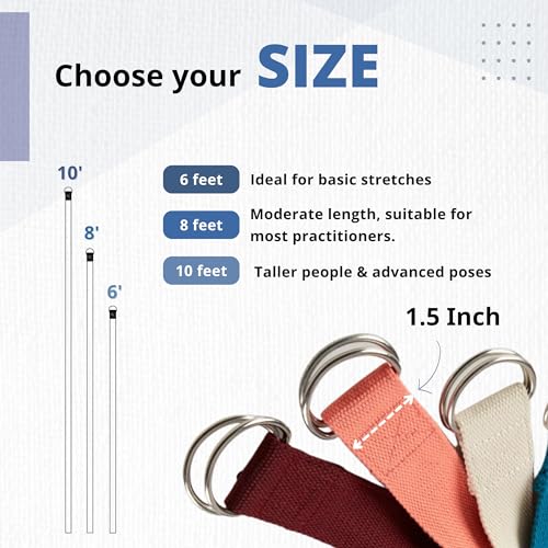 Everyday Yoga Strap with Metal D-Ring - Durable Stretching Strap for Yoga, Pilates, Flexibility & Physical Therapy (6ft, 8...