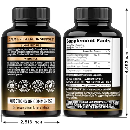 Ashwagandha Supplements 1800mg - USDA Organic Ashwagandha for Women & Men - Clinically Effective Strength for Stress Relie...
