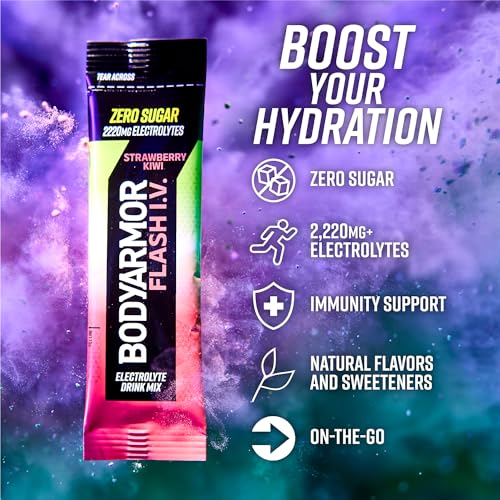 BODYARMOR Flash IV Electrolyte Packets, Strawberry Kiwi - Zero Sugar Drink Mix, Single Serve Packs, Coconut Water Powder (...
