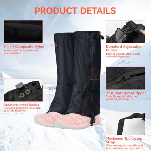 OrrinSports Gators for Hiking Boots with Upgraded Zipper Gaiters for Hiking Snow Waterproof Lightweight Leg Gaiters for Me...