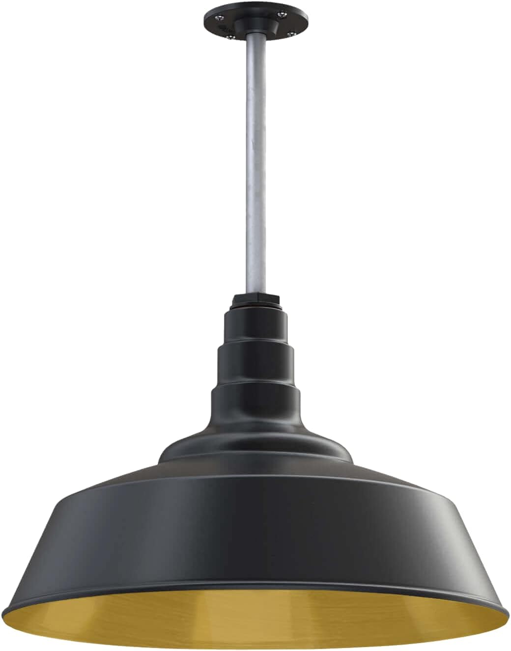 Steel Lighting Co. Manhattan Warehouse Light | Ceiling Mounted Pendant | 20 inch Dome | 12 inch Stem | Large Steel Barn Light Made in America | Matte Black Exterior/Brass Interior