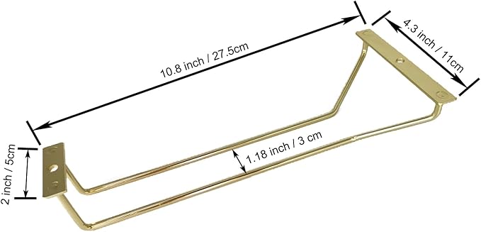 10.8 Inch Gold Wine Glass Rack, Under Cabinet Wine Glass Holder, Wine Glass Hangers Under Shelf, Stemware Rack, Hanging Stemware Holder for Cabinet Kitchen Bar, Set of 2