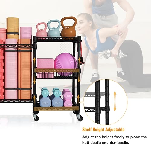 FUTASSI Home Gym Storage, 3 Tiers Workout Equipment Organizer with Wheels for Yoga Mats, Foam Roller, Dumbbells, Kettlebel...
