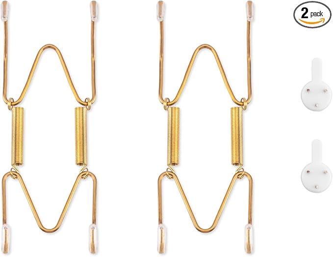 2 Pack Plate Hangers for The Wall, Suitable for 4-5 inch Art Plate, Stainless Steel Invisible Heavy Duty Wire Plate Holder with Wall Hooks, Plate Hangers for Displaying Plates, Platter, Dish, Gold