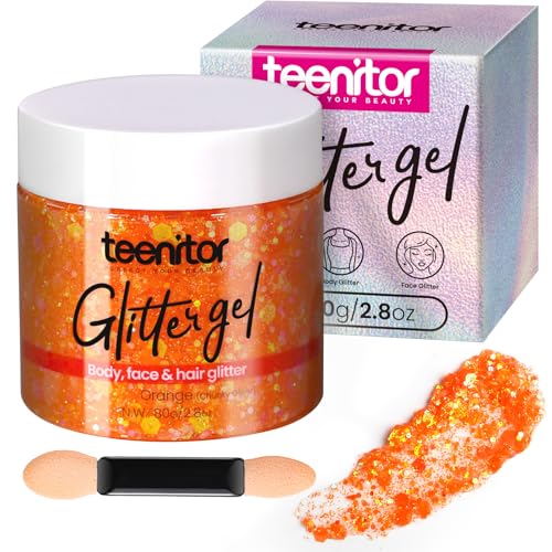 Teenitor Body Glitter Gel, Face Glitter, Orange Glitter for Body Makeup, 80g/2.8oz Face and Body, Hair Glitter Gel, Rave G...
