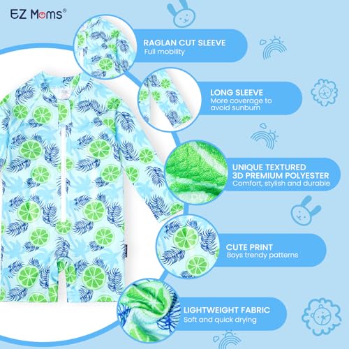 EZ Moms Baby Boy Swimsuit UPF 50+ Long-Sleeve One Piece Zipper Toddler Bathing Suit Baby Beach Wear Sunsuit with a Swim Cap