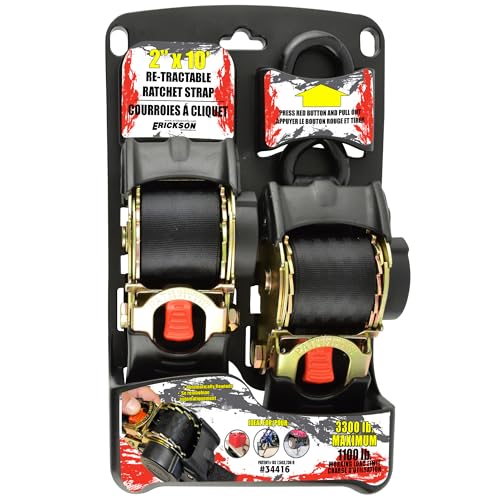 Erickson Pro Series 2in x 10ft Black Retractable Ratcheting Tie-Down Straps, High-Strength Design, 3300 lb Load Capacity, ...