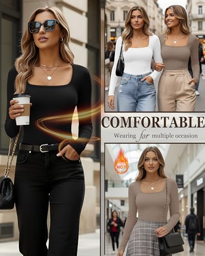Huukeay 3 Pack Women's Thermal Long Sleeve Shirts Fleece Lined Square Neck Fitted Warm Winter Tops Base Layer Underwear