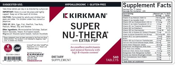 Super Nu-Thera with Extra P5P, 540 Tablets, Kirkman Labs