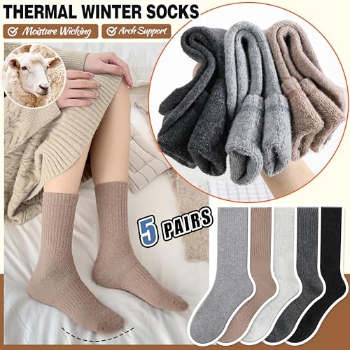 EBMORE Merino Wool Socks for Women Hiking Thermal Warm Winter Thick Boot Cozy Crew Comfy Work Socks for Ladies 5 Pairs