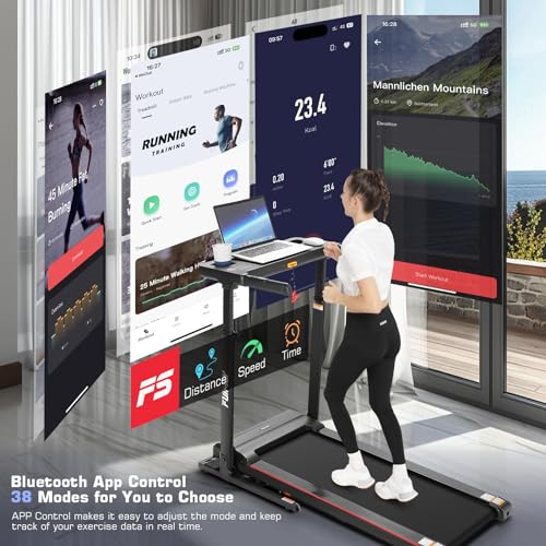 Treadmill with Desk Workstation & Adjustable Height, 450 lbs Weight Capacity, Folding Treadmill with 5%/15% Incline, Bluet...