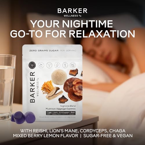 Barker Wellness Nighttime Vegan Sugar-Free Adaptogen Mushroom Gummies – Reishi, Lion's Mane, Chaga, Cordyceps for Calm, Re...